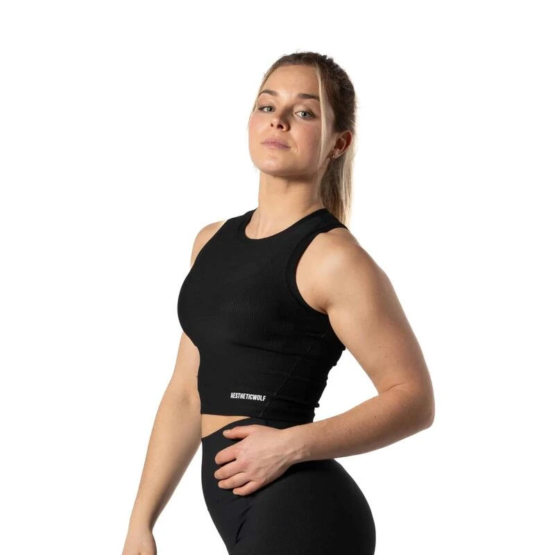 Ribbed V2 High Neck Crop Tank Voor Fitness Zwart 5 Ribbed V2 High Neck Crop Tank Voor Fitness Zwart - Afbeelding 3