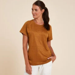 Yoga T-shirt Voor Dames 100% Linnen Made In France Camel
