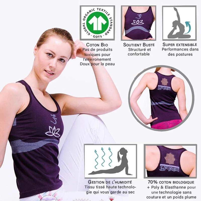 Yoga Tanktop 70% Bio Katoen Naadloos, Yoga Top Geïntegreerde Ondersteuning Paars 4 Yoga Tanktop 70% Bio Katoen Naadloos, Yoga Top Geïntegreerde Ondersteuning Paars - Afbeelding 2